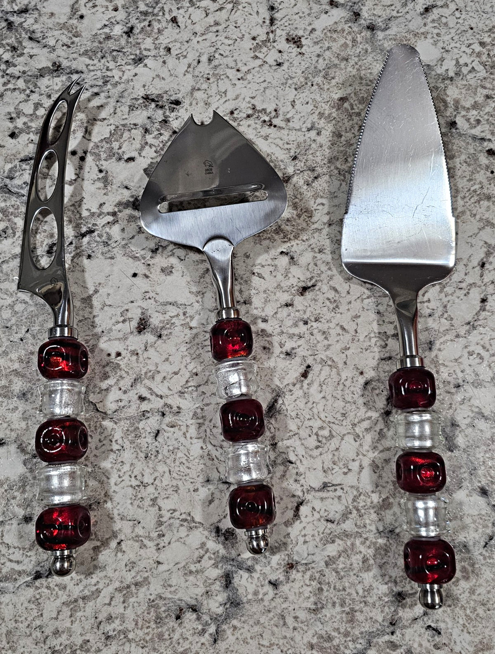 Vintage Pampered Chef Beaded Cheese Serving Set Red Clear Glass Stainless 3 Pcs